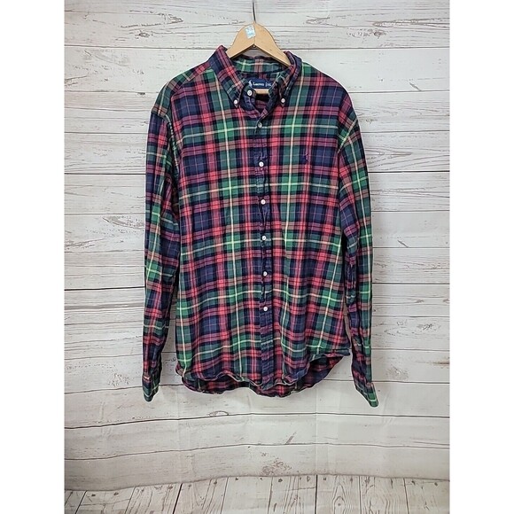 VINTAGE Polo Ralph Lauren Flannel Shirt Mens XL Plaid Green Blue Red RL 90s Long - Picture 1 of 8